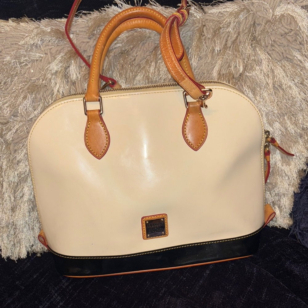 Dooney & Bourke Cream and Black Dome Satchel with Tan Trim